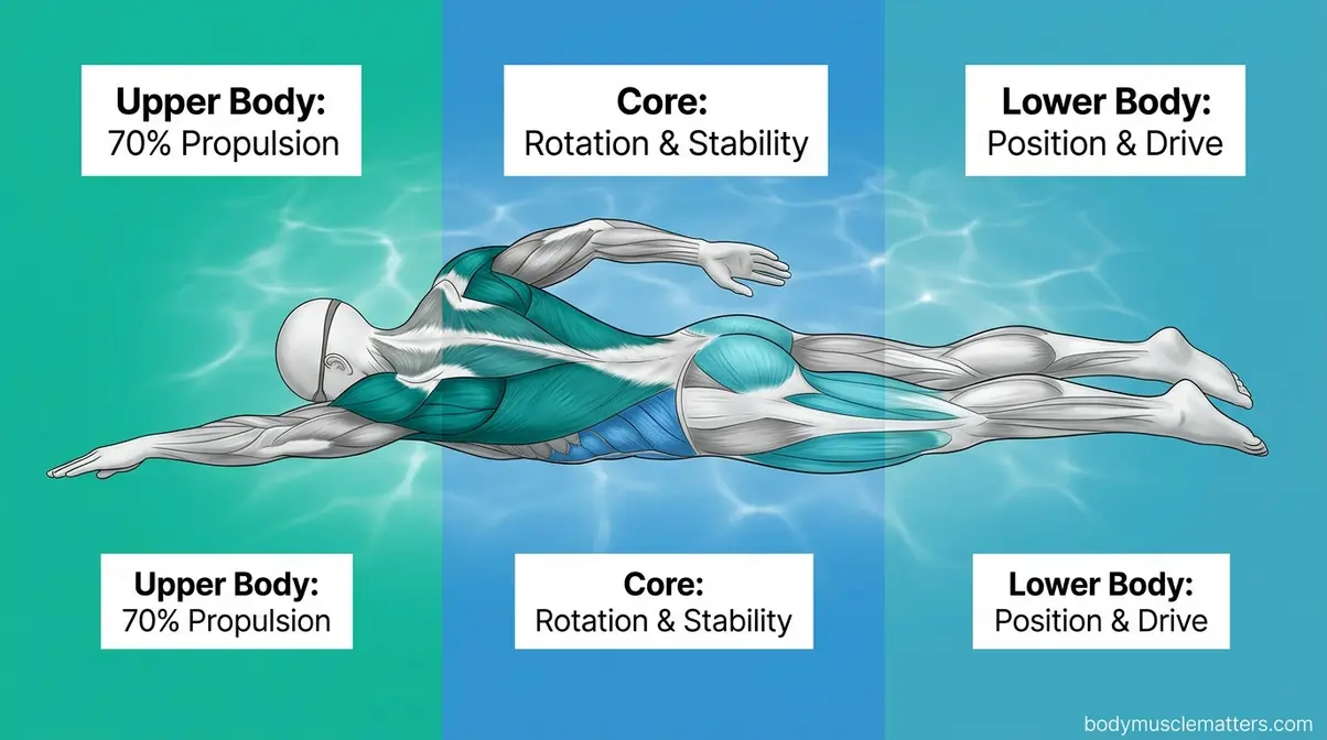 Freestyle swimming muscle groups showing upper body core and leg regions with percentage roles