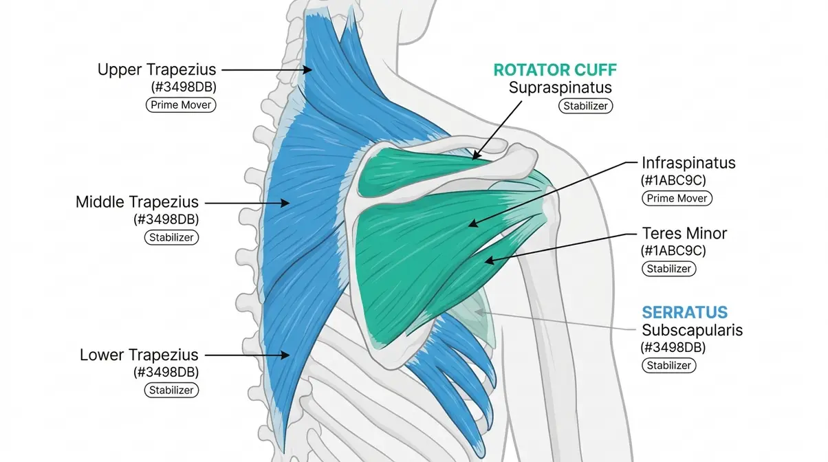Shoulder muscles used in freestyle swimming rotator cuff diagram with prime mover and stabilizer labels