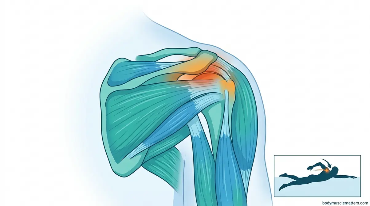 Swimmer's shoulder impingement zone diagram showing rotator cuff and supraspinatus tendon anatomy