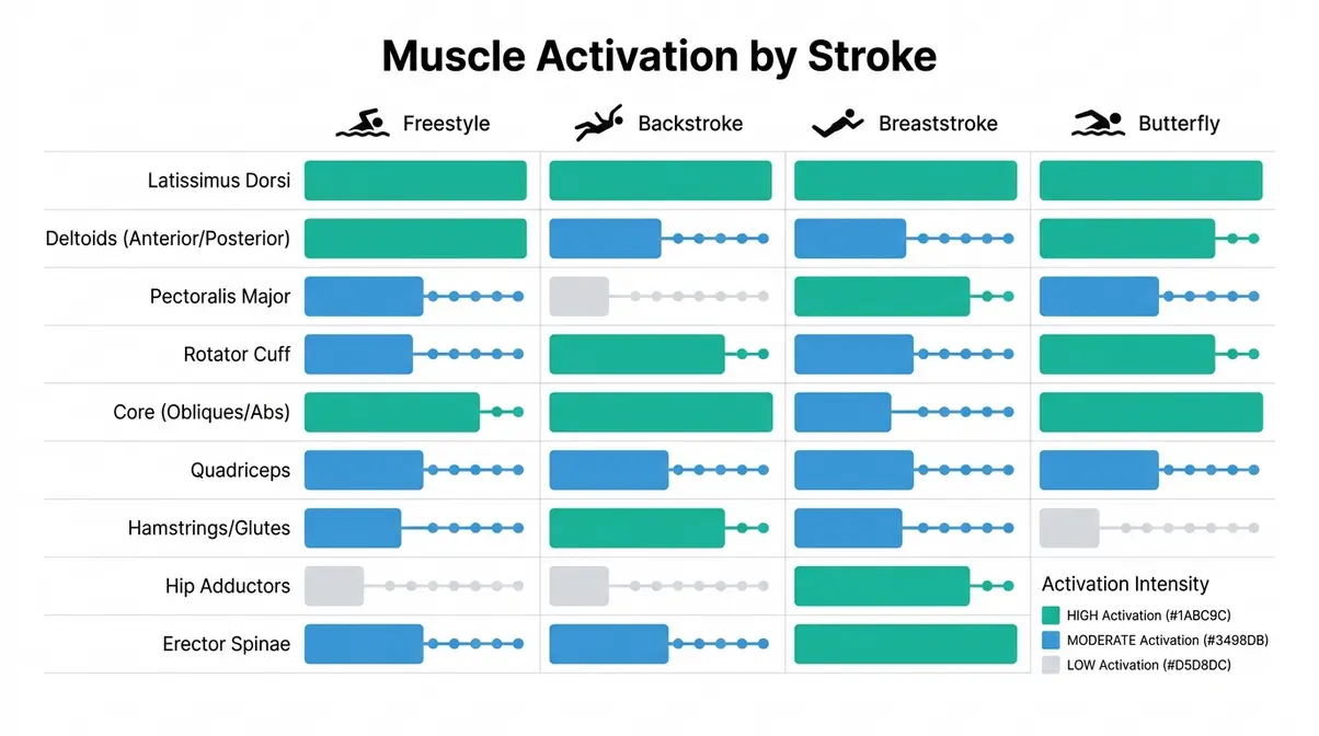 Swimming strokes muscle activation comparison chart showing freestyle backstroke breaststroke and butterfly intensity