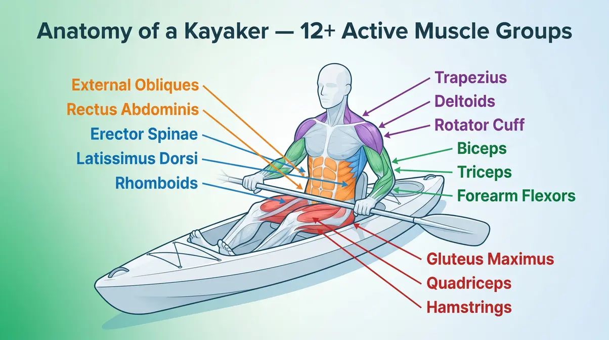Anatomy of a Kayaker infographic showing muscles used in kayaking including core, lats, deltoids, and legs