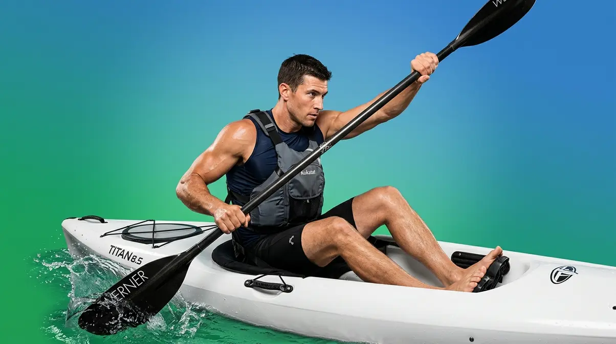 Kayaker demonstrating full-body muscle engagement during a forward stroke on the water