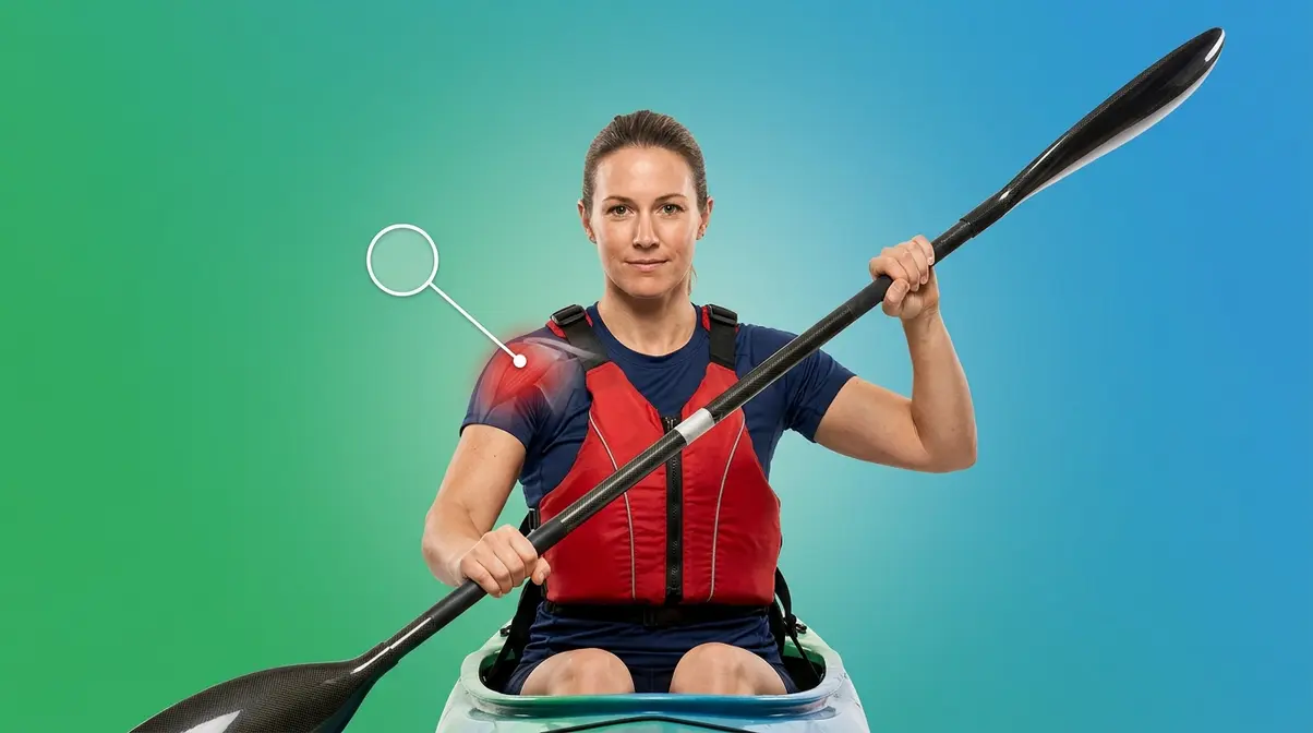 Kayaker demonstrating correct paddle technique with proper elbow bend to prevent rotator cuff injury