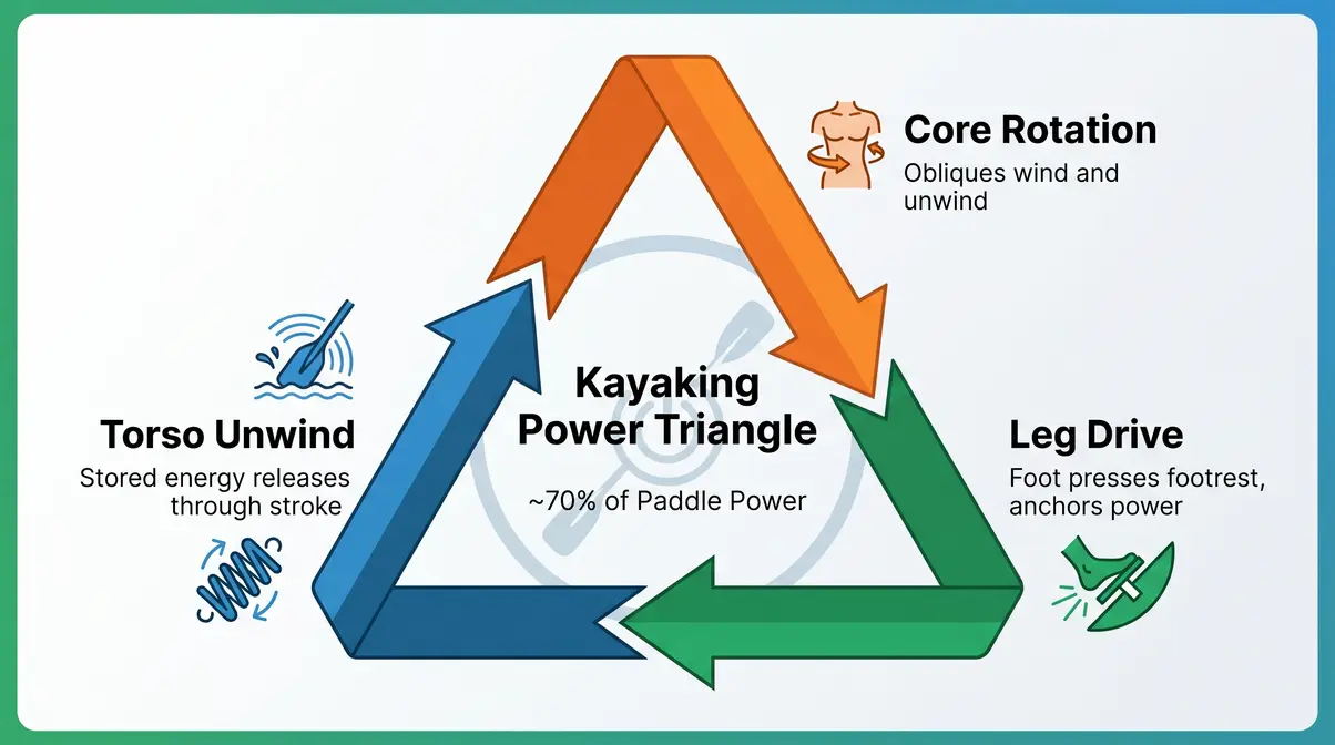 Kayaking Power Triangle diagram showing core rotation, leg drive, and torso unwind contributing to paddle power
