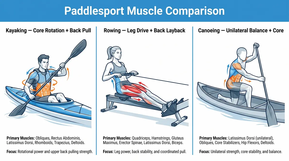 Kayaking vs rowing vs canoeing muscle comparison diagram showing primary muscle groups for each paddlesport