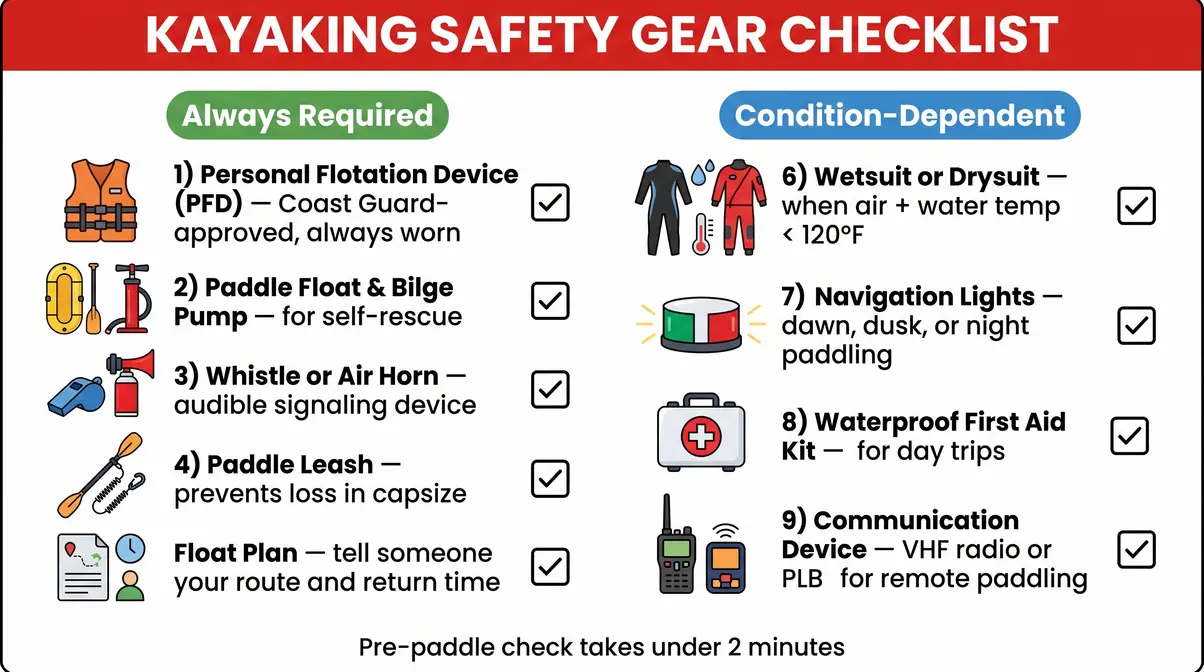 Kayaking safety gear checklist infographic showing PFD, paddle float, whistle, wetsuit, and navigation lights