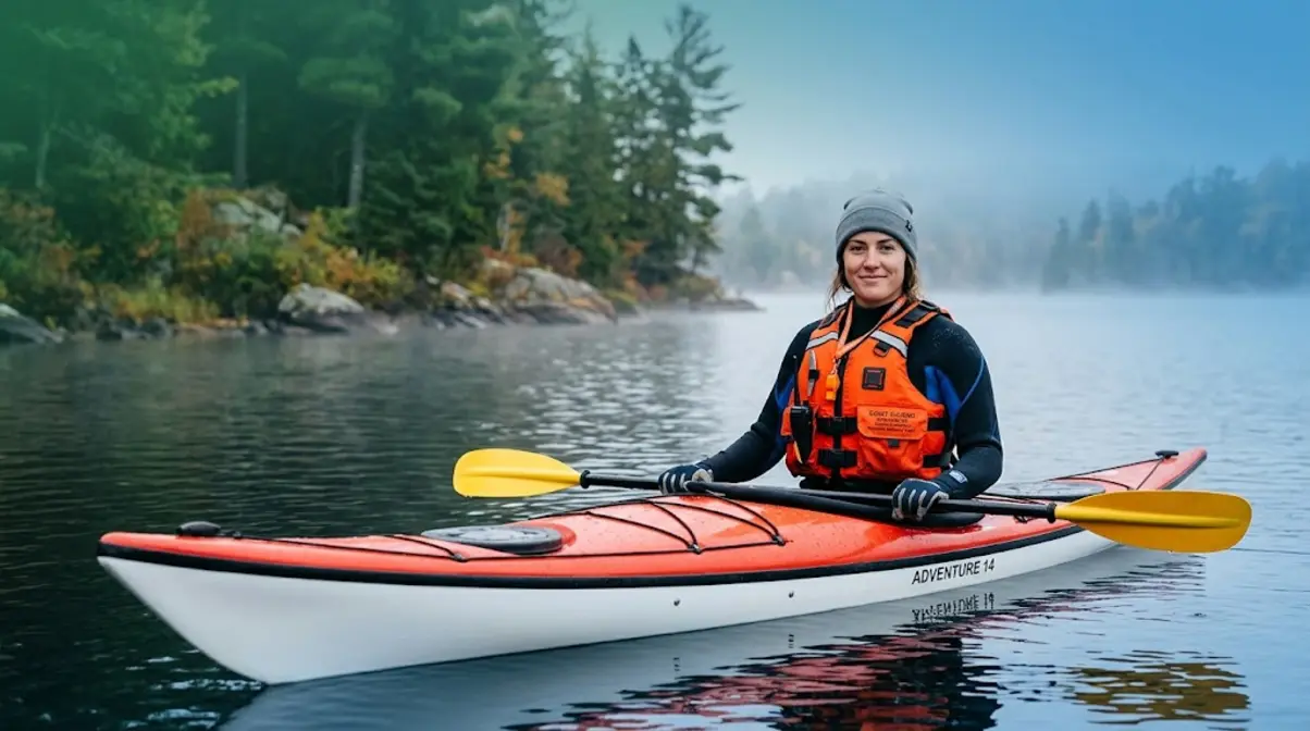 Kayaker wearing properly fitted PFD and wetsuit demonstrating essential kayaking safety gear