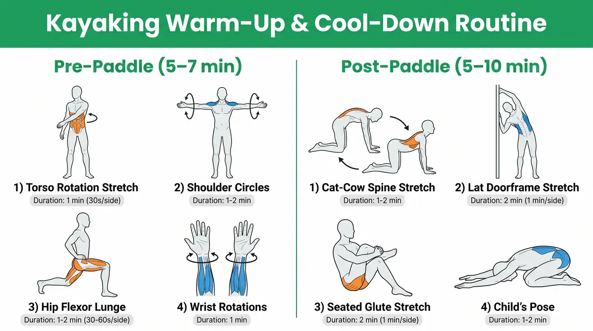 Kayaking warm-up and cool-down stretch guide showing torso rotation, shoulder circles, lat stretch, and glute stretch