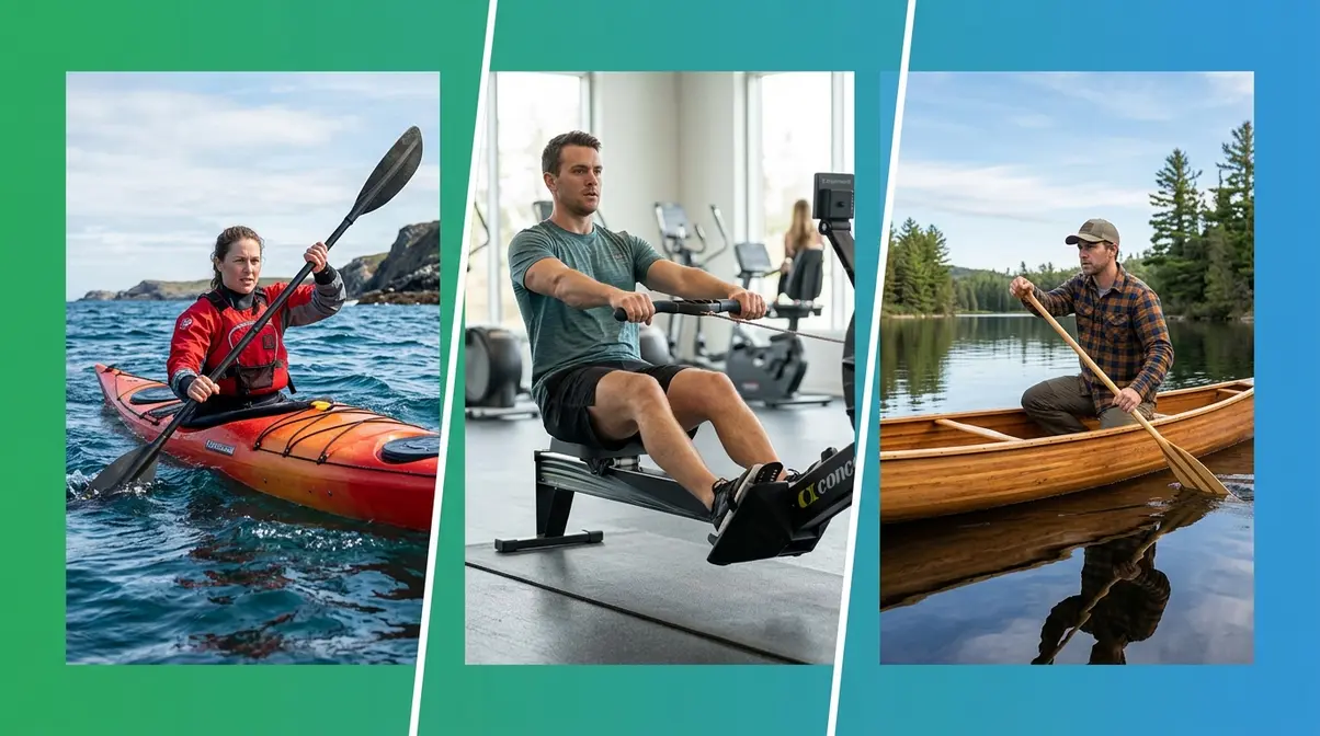 Side-by-side comparison of kayaking, rowing, and canoeing paddlers showing different stroke techniques