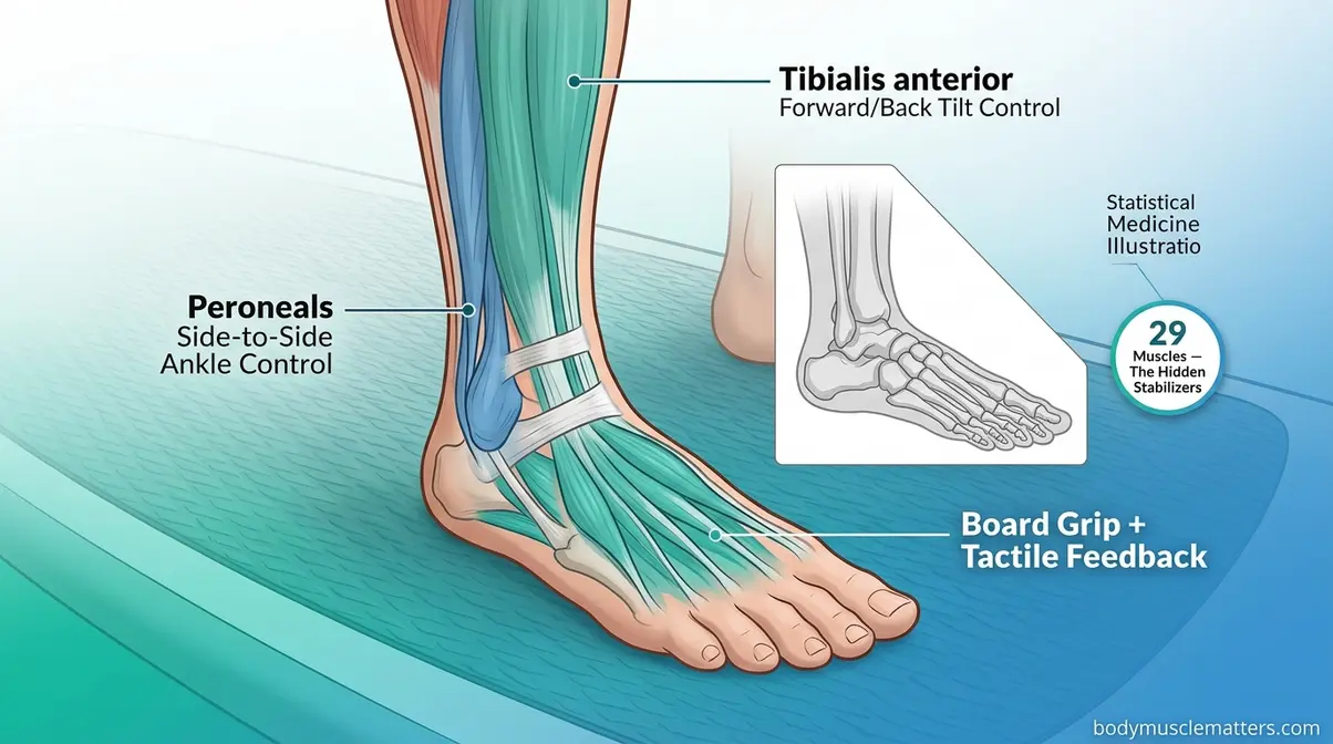 Anatomical close-up of foot and ankle micro-stabilizer muscles active during stand-up paddleboarding stance