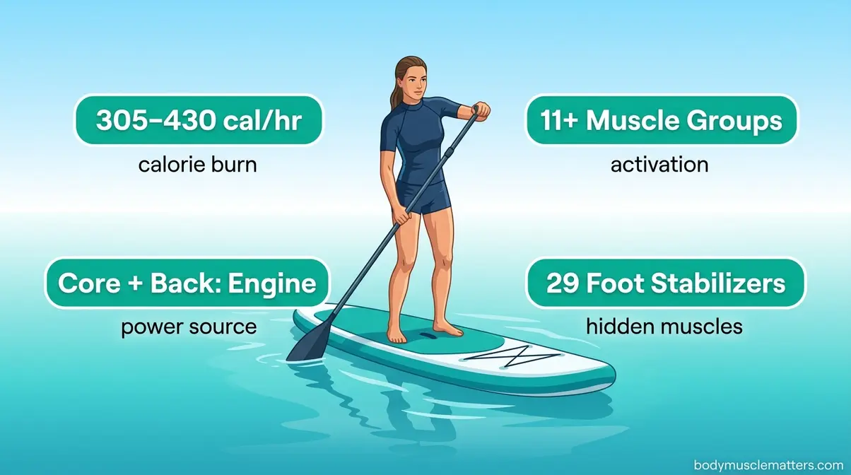 Paddleboarding fitness benefits infographic showing calorie burn, muscle groups, and core engagement data