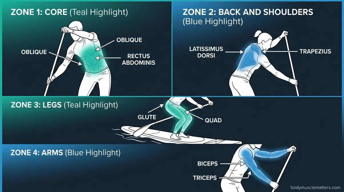 Four muscle zone breakdown showing core, back, legs, and arms activated during paddleboarding full-body workout