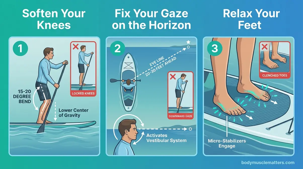 Step-by-step visual guide showing correct knee bend, horizon gaze, and relaxed foot position for paddleboard balance
