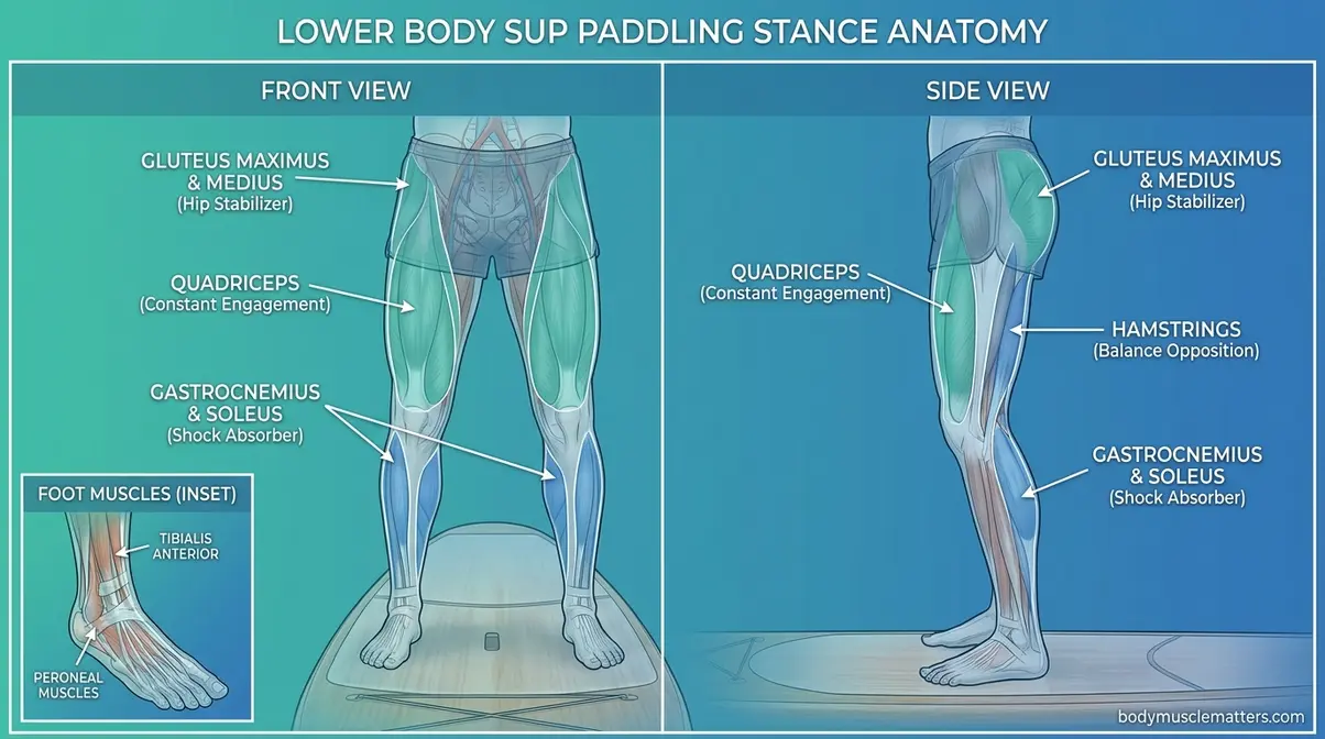 Anatomical diagram of quadriceps, hamstrings, glutes, and calf muscles active during paddleboarding stance