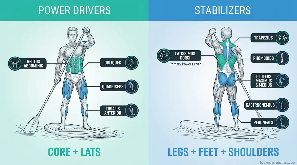 Infographic showing muscles used in paddleboarding — core, lats, deltoids, legs, and foot stabilizers highlighted by zone