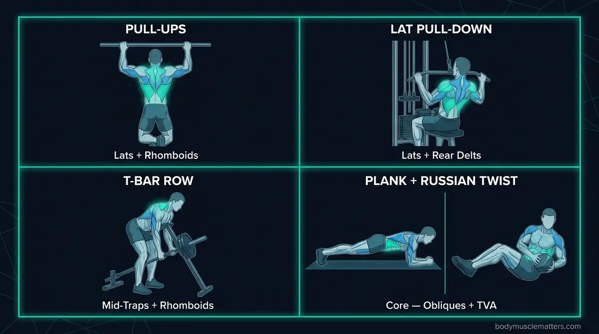 Exercise illustration grid showing pull-ups, lat pull-down, t-bar row, and plank for paddleboarding muscle training