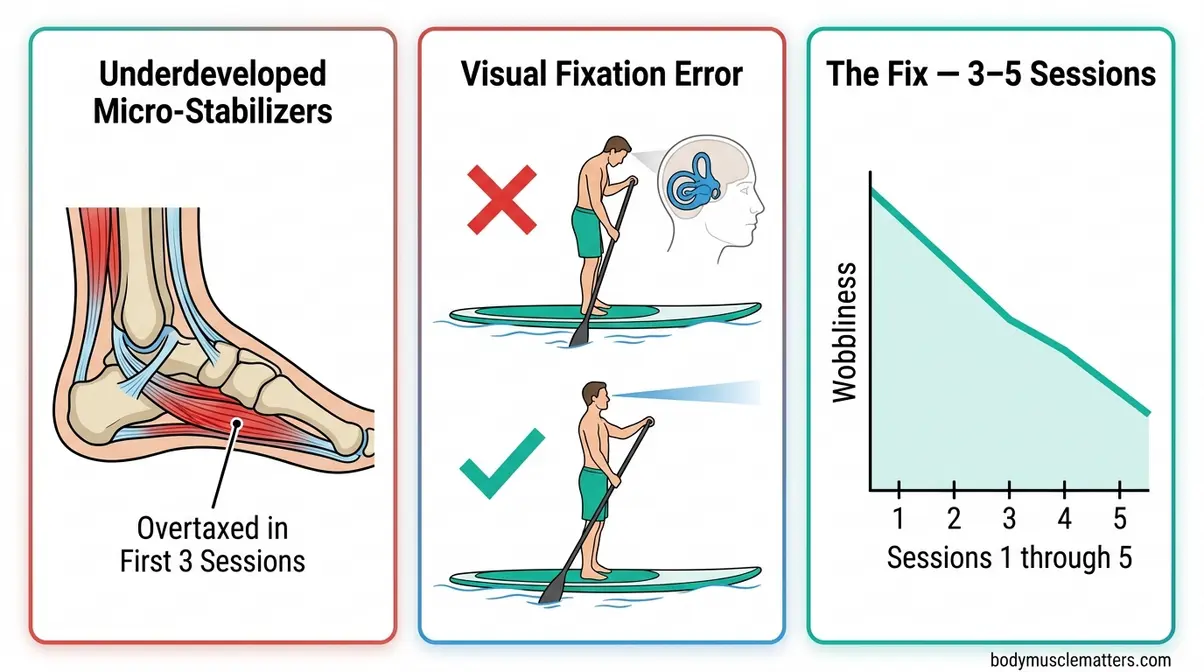 Diagram explaining why paddleboarders wobble showing micro-stabilizer fatigue and visual fixation causes with correction