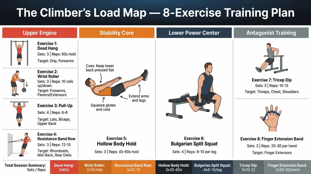 Rock climbing training exercises chart showing all 8 exercises organized by Upper Engine, Stability Core, and Lower Power zones