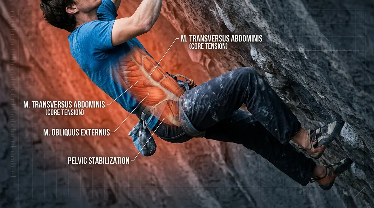 Rock climber on overhang showing core transverse abdominis engaged to create body tension and keep feet on wall