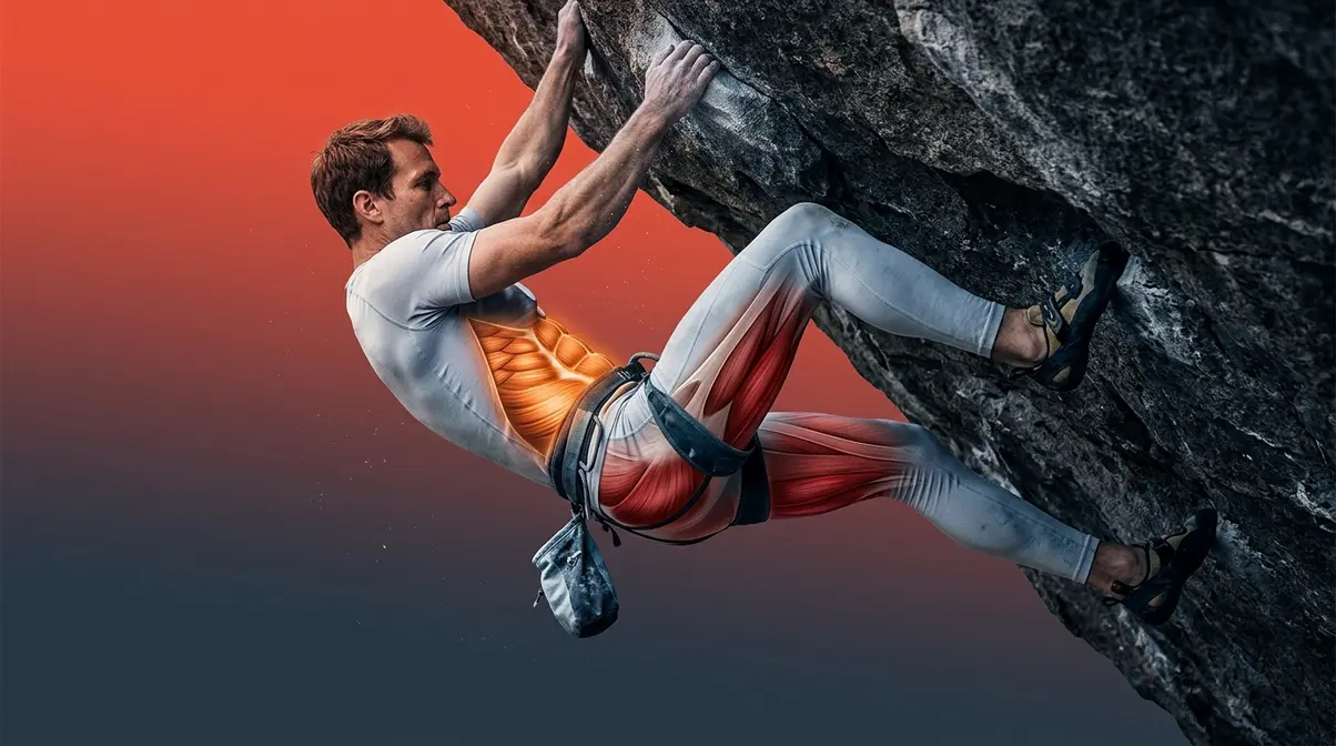 Rock climber on overhang showing core and lower body muscles engaged for stability and power