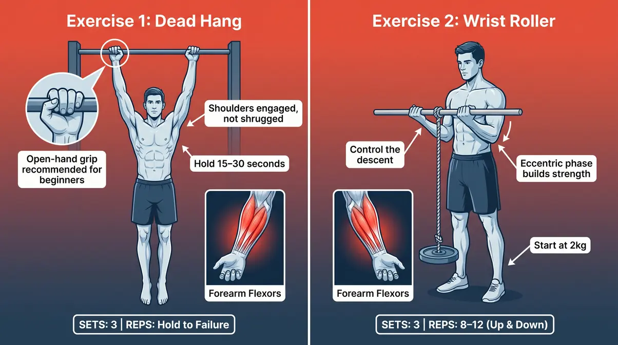 Dead hang and wrist roller exercise demonstrations for rock climbing forearm and grip strength training