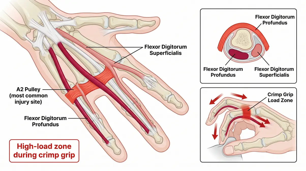 Finger flexor pulley anatomy diagram showing A2 pulley location for rock climbing crimp grip injury prevention