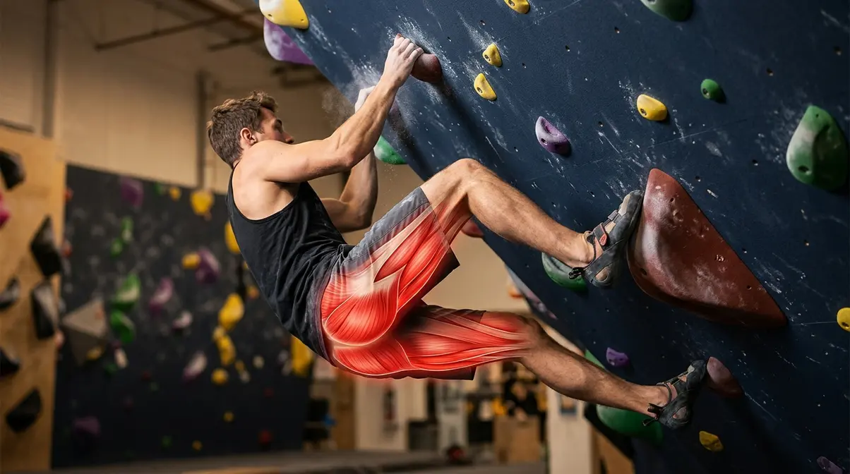 Rock climber performing heel hook showing glutes and hamstrings posterior chain muscle activation