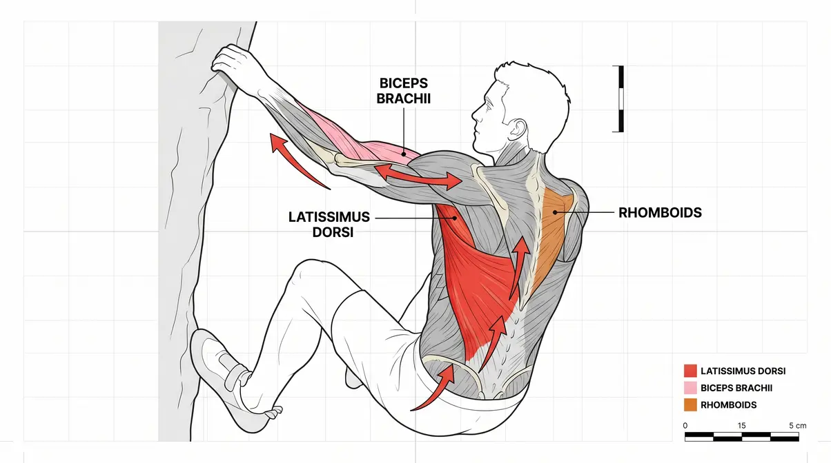 Latissimus dorsi muscle activation diagram showing rock climbing pulling movement mechanics