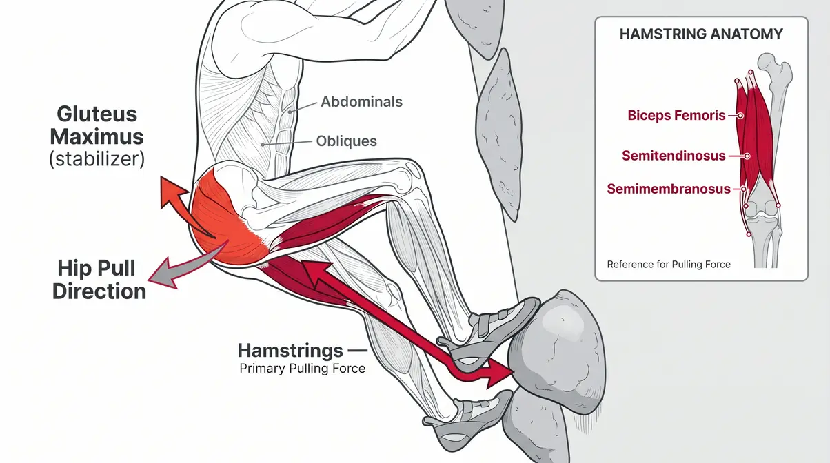 Glutes and hamstrings posterior chain activation diagram showing heel hook rock climbing mechanics