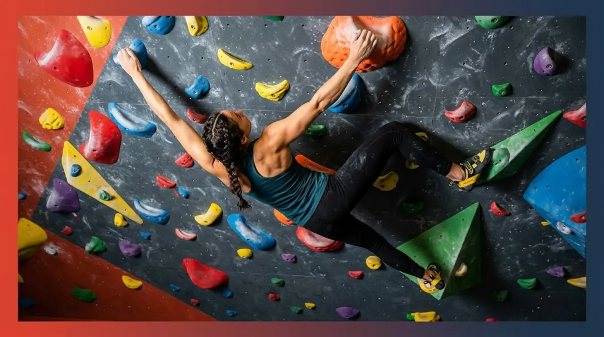 Rock climber on bouldering wall showing full body muscles engaged from fingertips to feet