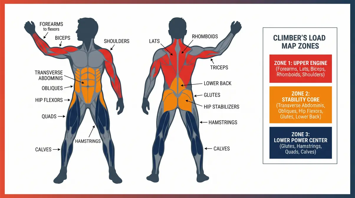 Muscles used in rock climbing full body anatomy diagram color-coded by zone forearms back core legs