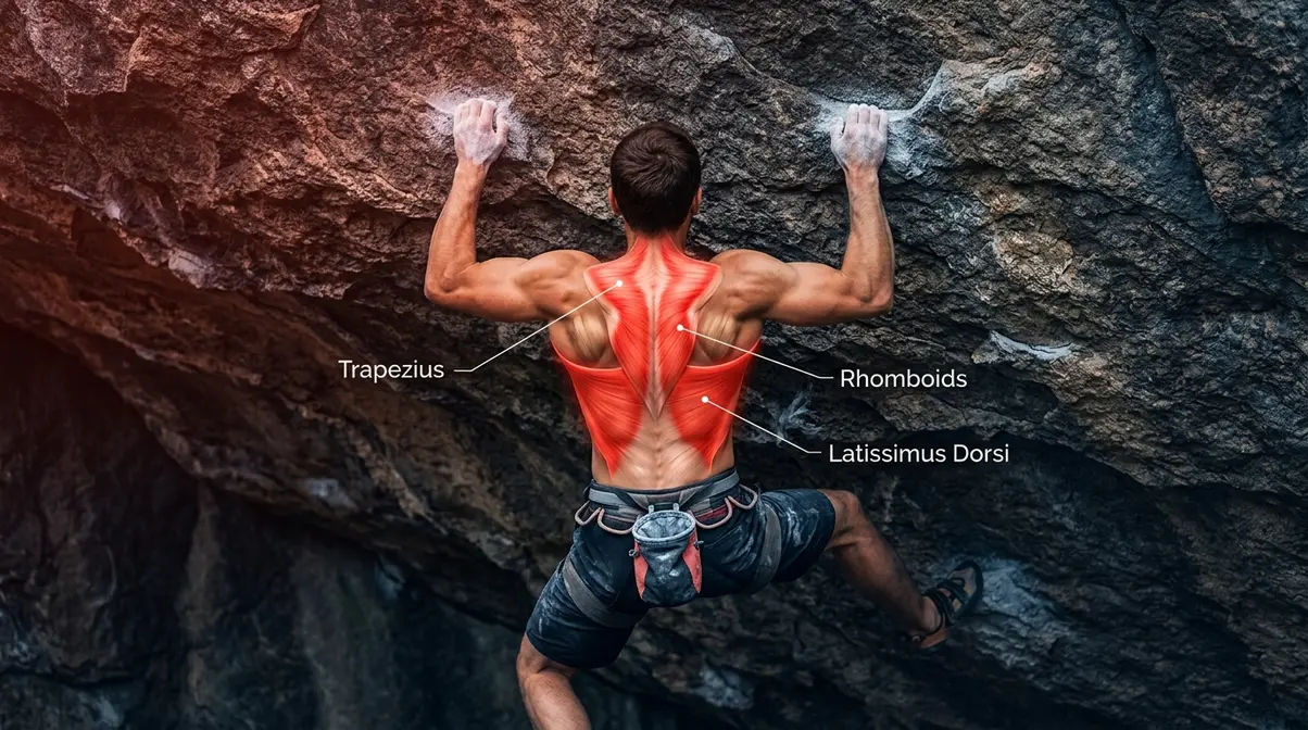 Rock climber upper body muscles showing latissimus dorsi back and shoulder anatomy during a pull