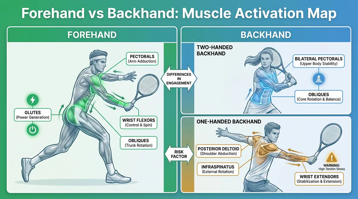 Anatomical diagram comparing muscles activated in tennis forehand versus one-handed and two-handed backhand