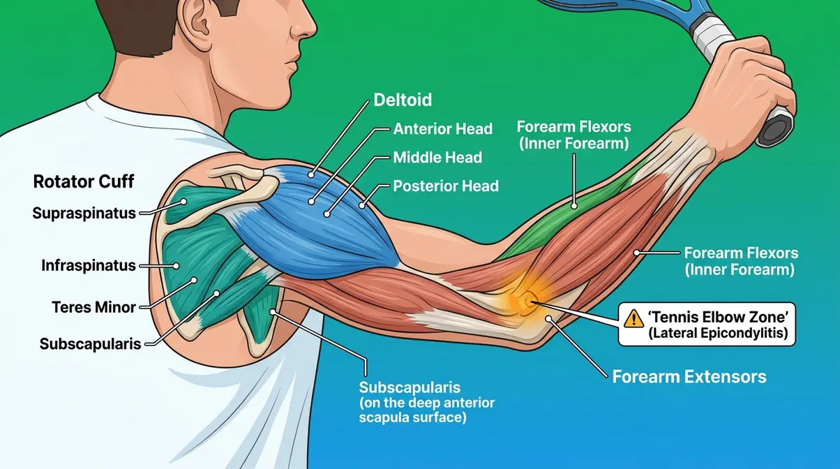 Anatomical illustration of arm and shoulder muscles used in tennis including rotator cuff, deltoid, and forearm groups