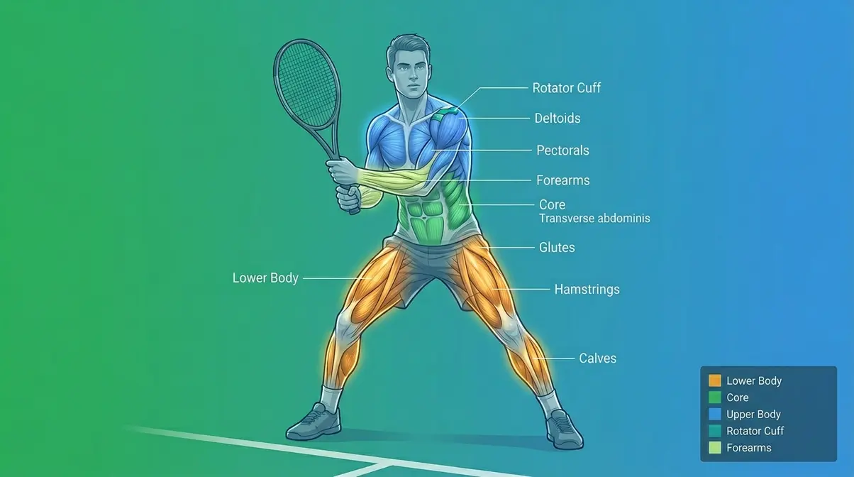 Tennis player anatomy illustration showing all major muscle groups used in tennis across the full body