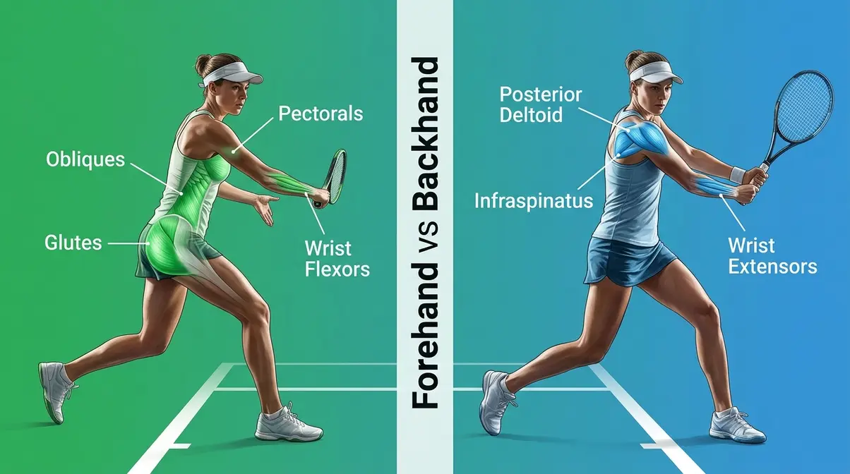 Split illustration comparing muscles used in tennis forehand versus backhand groundstrokes