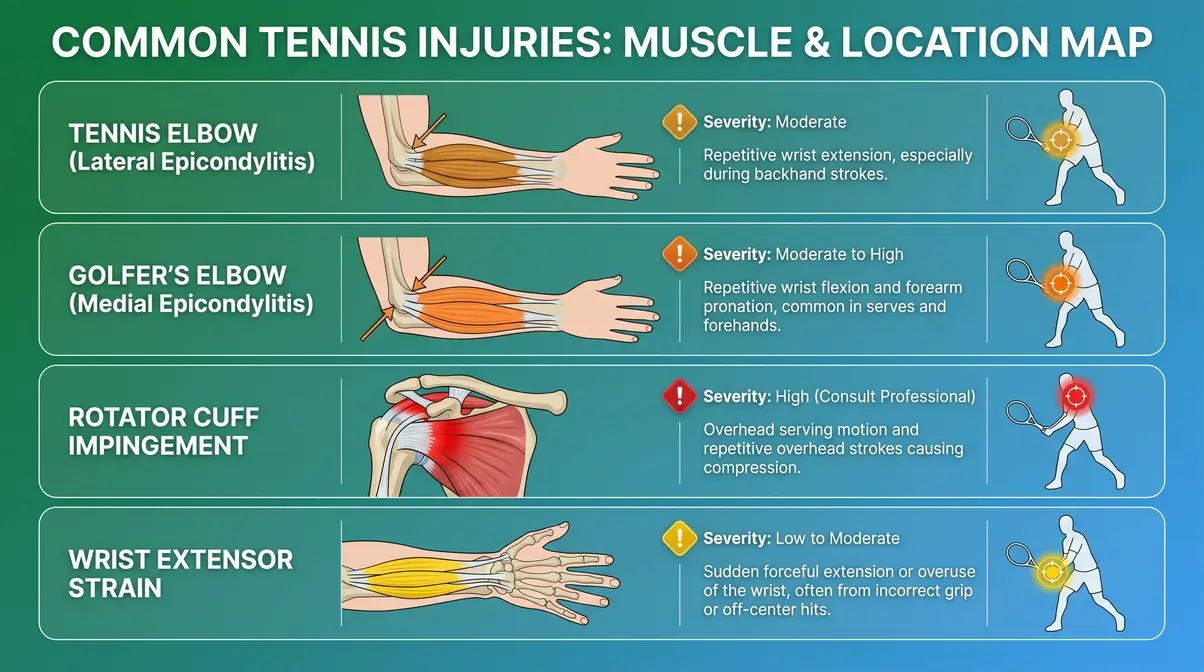 Chart mapping four common tennis injuries to the specific arm and shoulder muscles involved