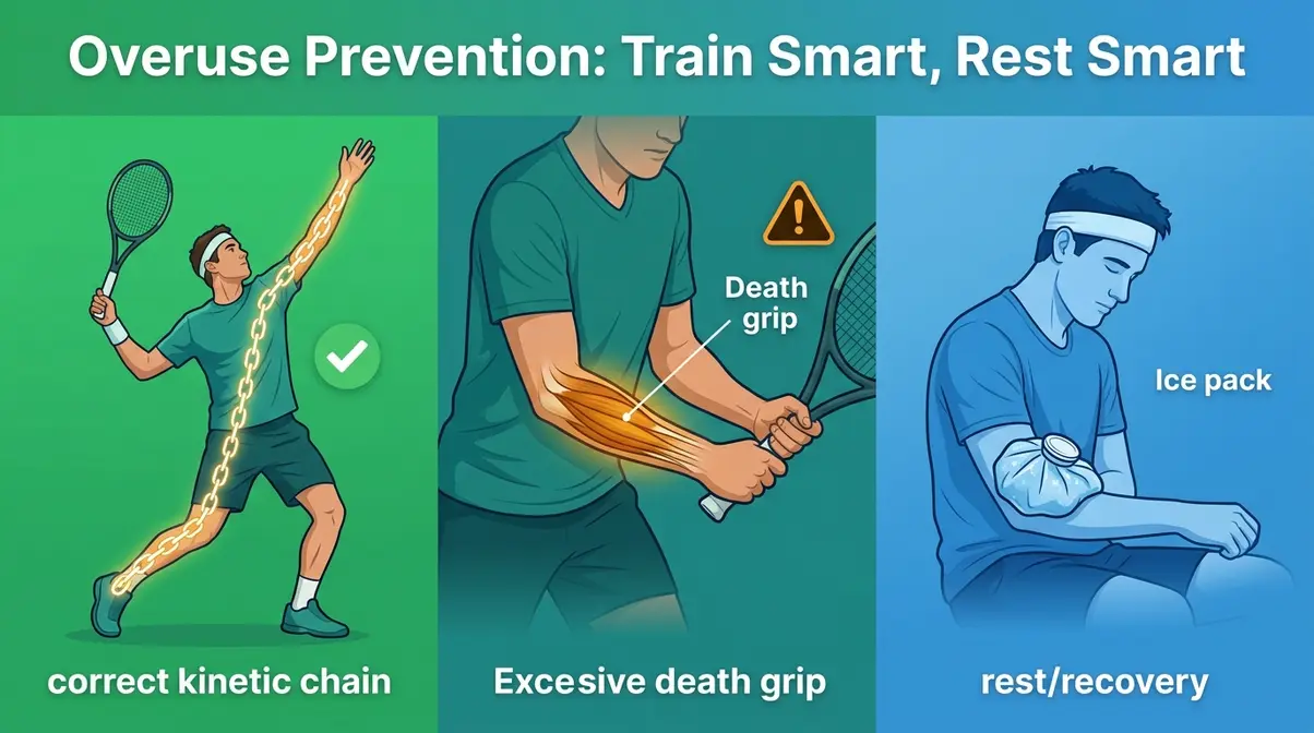 Sports medicine illustration showing correct tennis technique versus overuse injury patterns and recovery position