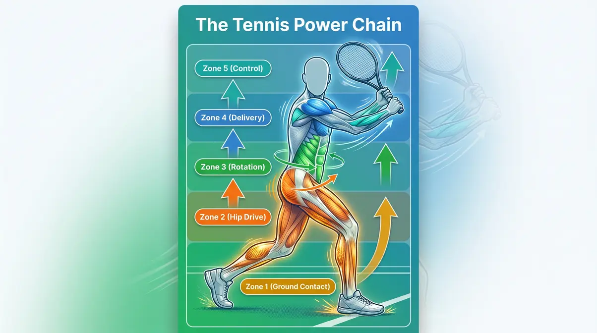 Infographic showing muscles used in tennis from legs to arm across five kinetic chain zones