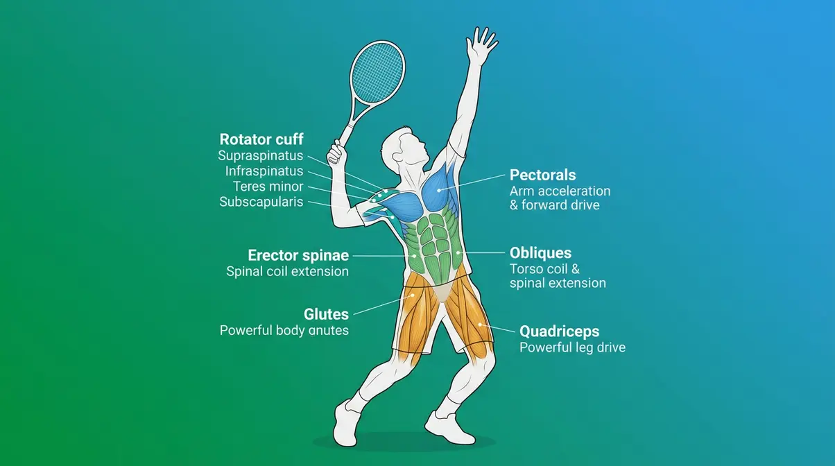 Anatomical illustration of tennis serve showing quadriceps, glutes, obliques, pectorals, and rotator cuff activation