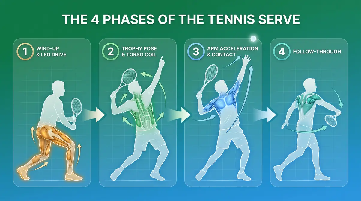 Diagram showing the four phases of a tennis serve with key muscles highlighted per phase