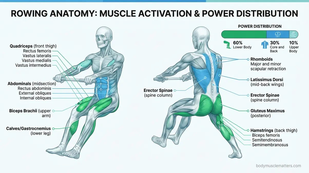 Muscles worked on a rowing machine full body anatomical diagram with 9 labeled muscle groups