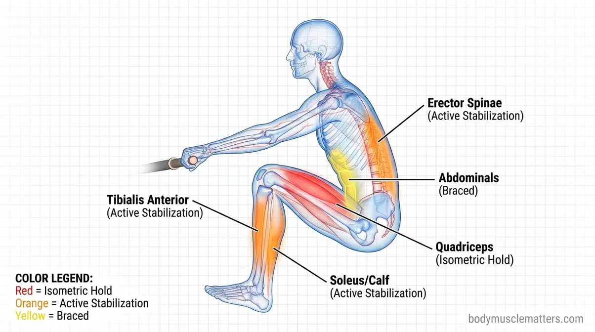 Rowing machine catch phase muscles worked diagram showing quad erector and tibialis activation