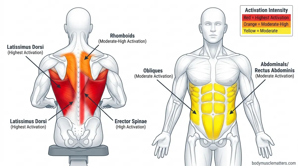 Rowing machine core and back muscles heatmap diagram showing lat erector and rhomboid activation levels