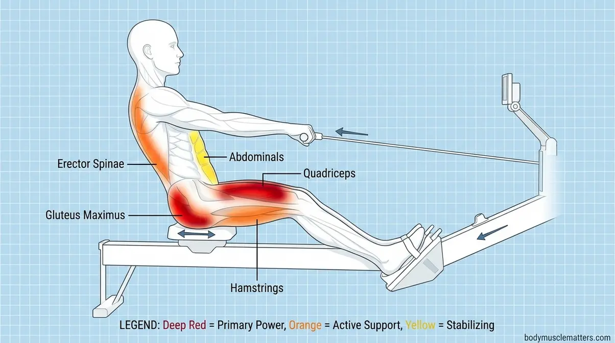 Rowing machine drive phase leg muscles activation diagram showing quad glute and hamstring power output
