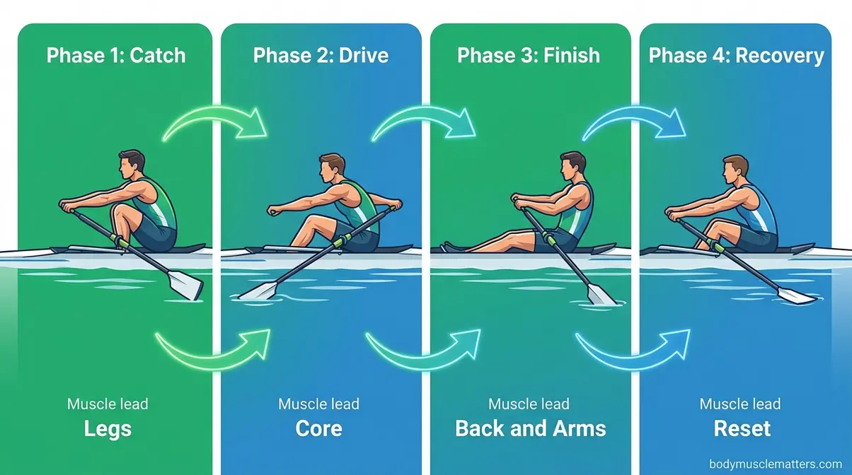 Rowing machine 4-phase stroke diagram showing muscle activation sequence catch drive finish recovery