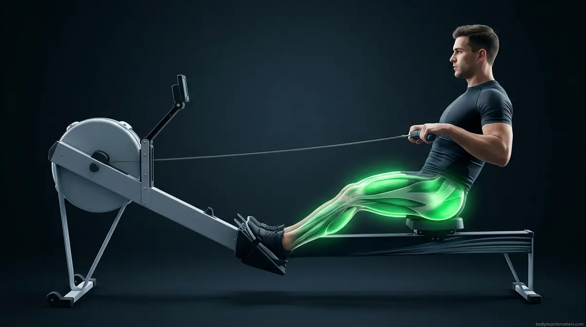 Rowing machine lower body muscles diagram showing quadriceps glutes and hamstrings activation during drive phase