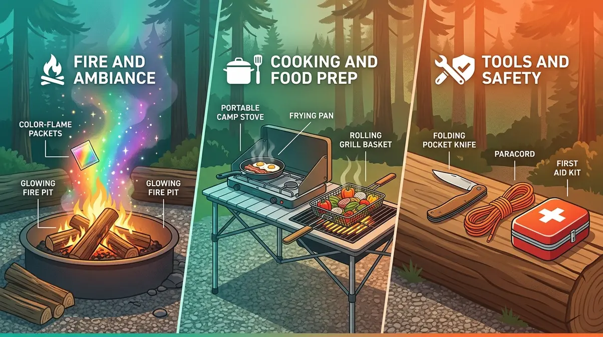 Camping accessory buying guide showing three categories: fire ambiance, camp cooking, and safety tools at a forest campsite