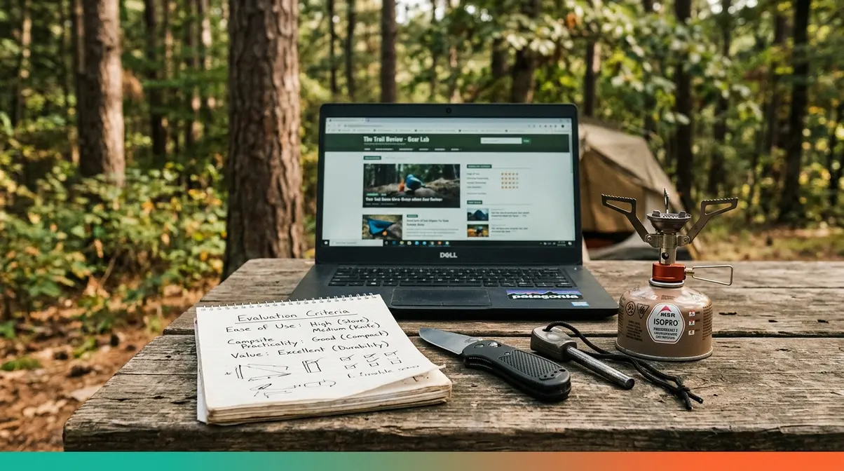 Camping gear evaluation process showing review criteria notepad alongside tested accessories on an outdoor camp table
