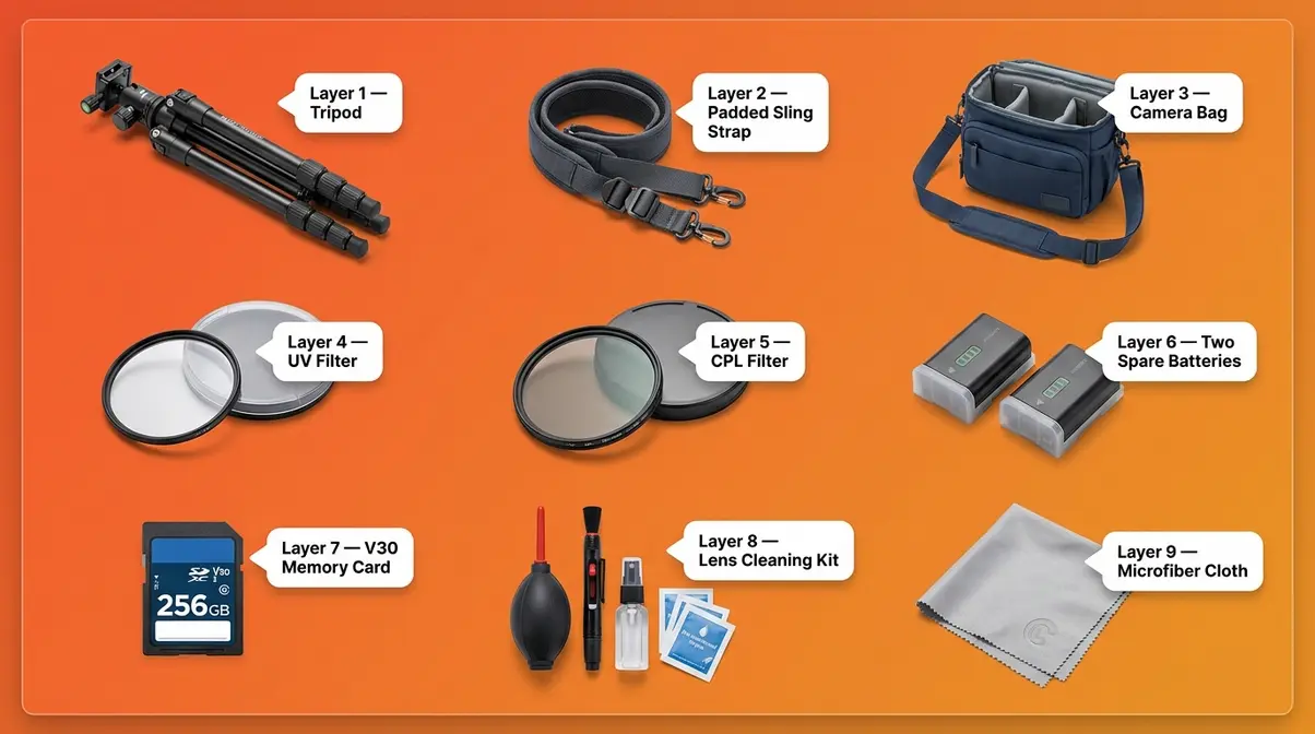 Must-have photo accessories flat lay showing tripod strap bag filter batteries and cleaning kit with labels